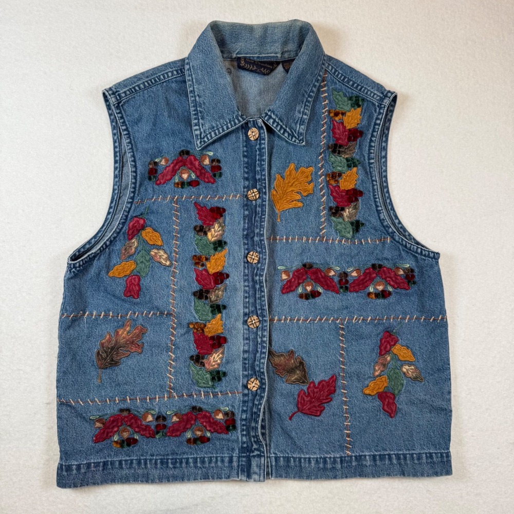Vintage 90s Denim Vest Womens Medium Fall Leaves Embroidered 100% cotton
